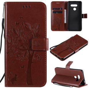 For LG K50S Tree & Cat Embossed Pattern Horizontal Flip Leather Case with Holder & Card Slots & Wallet & Lanyard(Coffee)