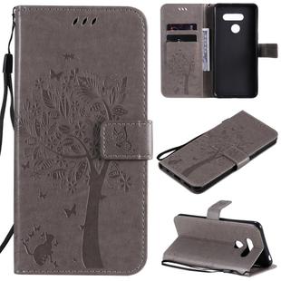 For LG K50S Tree & Cat Embossed Pattern Horizontal Flip Leather Case with Holder & Card Slots & Wallet & Lanyard(Gray)