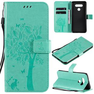 For LG K51 Tree & Cat Embossed Pattern Horizontal Flip Leather Case with Holder & Card Slots & Wallet & Lanyard(Green)