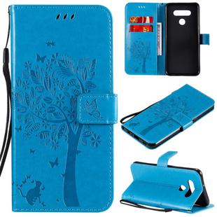 For LG K51 Tree & Cat Embossed Pattern Horizontal Flip Leather Case with Holder & Card Slots & Wallet & Lanyard(Blue)