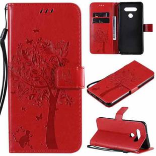 For LG K51 Tree & Cat Embossed Pattern Horizontal Flip Leather Case with Holder & Card Slots & Wallet & Lanyard(Red)