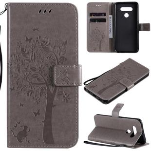 For LG K51 Tree & Cat Embossed Pattern Horizontal Flip Leather Case with Holder & Card Slots & Wallet & Lanyard(Gray)