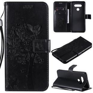 For LG K51 Tree & Cat Embossed Pattern Horizontal Flip Leather Case with Holder & Card Slots & Wallet & Lanyard(Black)