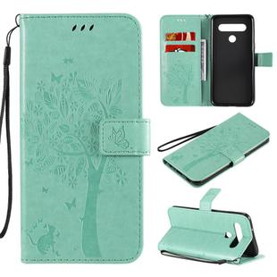 For LG K61 Tree & Cat Embossed Pattern Horizontal Flip Leather Case with Holder & Card Slots & Wallet & Lanyard(Green)