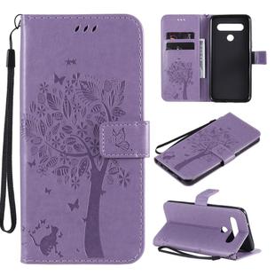 For LG K61 Tree & Cat Embossed Pattern Horizontal Flip Leather Case with Holder & Card Slots & Wallet & Lanyard(Light Purple)
