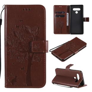 For LG K61 Tree & Cat Embossed Pattern Horizontal Flip Leather Case with Holder & Card Slots & Wallet & Lanyard(Coffee)