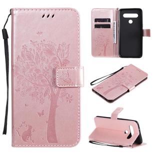 For LG K61 Tree & Cat Embossed Pattern Horizontal Flip Leather Case with Holder & Card Slots & Wallet & Lanyard(Rose Gold)