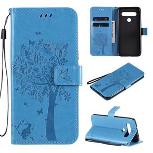 For LG K61 Tree & Cat Embossed Pattern Horizontal Flip Leather Case with Holder & Card Slots & Wallet & Lanyard(Blue)