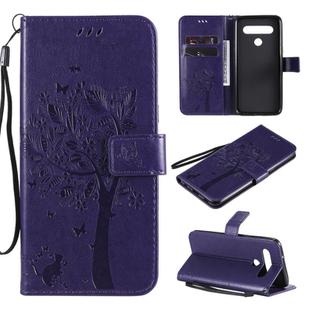 For LG K61 Tree & Cat Embossed Pattern Horizontal Flip Leather Case with Holder & Card Slots & Wallet & Lanyard(Purple)