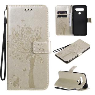 For LG K61 Tree & Cat Embossed Pattern Horizontal Flip Leather Case with Holder & Card Slots & Wallet & Lanyard(Gold)