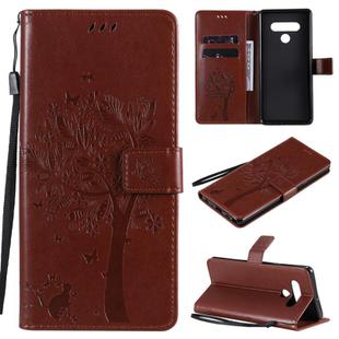For LG Stylo 6 Tree & Cat Embossed Pattern Horizontal Flip Leather Case with Holder & Card Slots & Wallet & Lanyard(Coffee)
