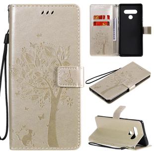 For LG Stylo 6 Tree & Cat Embossed Pattern Horizontal Flip Leather Case with Holder & Card Slots & Wallet & Lanyard(Gold)