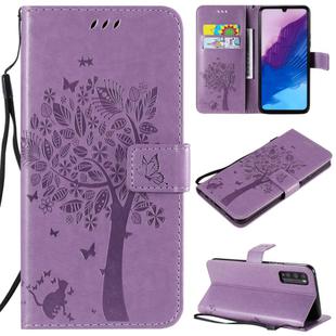 For Huawei Enjoy Z 5G Tree & Cat Embossed Pattern Horizontal Flip Leather Case with Holder & Card Slots & Wallet & Lanyard(Light Purple)