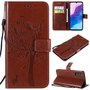 For Huawei Enjoy Z 5G Tree & Cat Embossed Pattern Horizontal Flip Leather Case with Holder & Card Slots & Wallet & Lanyard(Coffee)