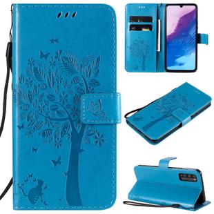 For Huawei Enjoy Z 5G Tree & Cat Embossed Pattern Horizontal Flip Leather Case with Holder & Card Slots & Wallet & Lanyard(Blue)