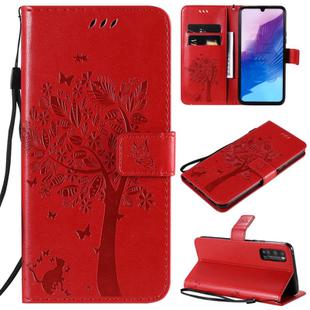For Huawei Enjoy Z 5G Tree & Cat Embossed Pattern Horizontal Flip Leather Case with Holder & Card Slots & Wallet & Lanyard(Red)