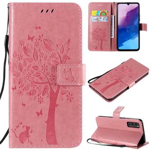 For Huawei Enjoy Z 5G Tree & Cat Embossed Pattern Horizontal Flip Leather Case with Holder & Card Slots & Wallet & Lanyard(Pink)