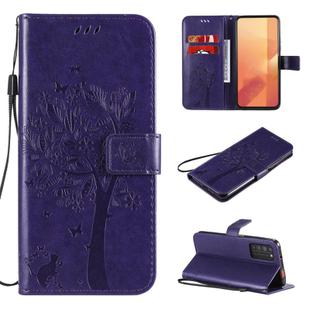 For Huawei Honor X10 5G Tree & Cat Embossed Pattern Horizontal Flip Leather Case with Holder & Card Slots & Wallet & Lanyard(Purple)