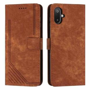 For Samsung Galaxy F06 5G / M06 5G Skin Feel Stripe Pattern Leather Phone Case with Long Lanyard(Brown)