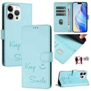 For iPhone 16 Pro Max Smile Embossing RFID Leather Phone Case(Mint Green)