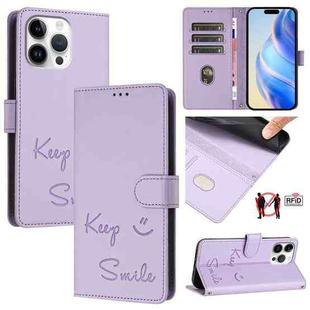 For iPhone 16 Pro Max Smile Embossing RFID Leather Phone Case(Light Purple)