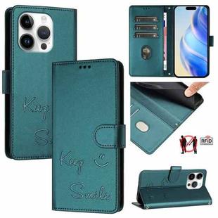 For iPhone 16 Pro Smile Embossing RFID Leather Phone Case(Peacock Green)