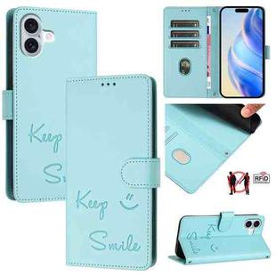 For iPhone 16 Plus Smile Embossing RFID Leather Phone Case(Mint Green)