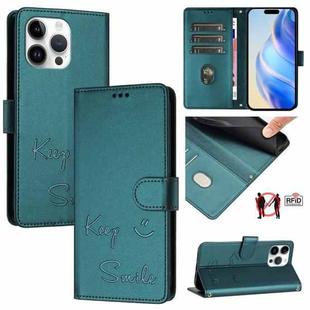 For iPhone 15 Pro Max Smile Embossing RFID Leather Phone Case(Peacock Green)