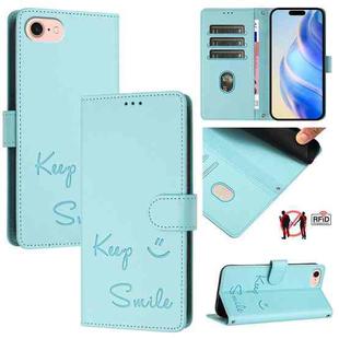 For iPhone SE 2022 / 2020 / 8 / 7 Smile Embossing RFID Leather Phone Case(Mint Green)