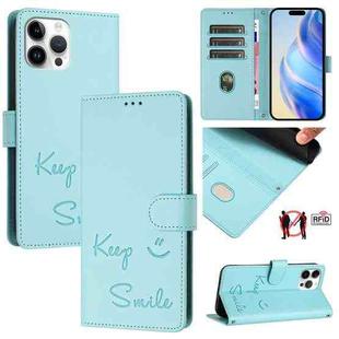 For iPhone 12 Pro Max Smile Embossing RFID Leather Phone Case(Mint Green)