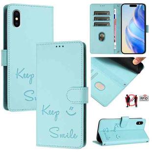 For iPhone X / XS Smile Embossing RFID Leather Phone Case(Mint Green)