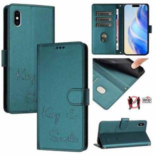 For iPhone XS Max Smile Embossing RFID Leather Phone Case(Peacock Green)