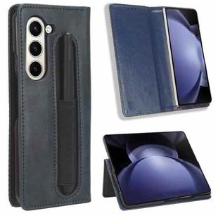 For Samsung Galaxy Z Fold6 with Pen Slot Magnetic Buckle Retro Texture Leather Phone Case(Blue)