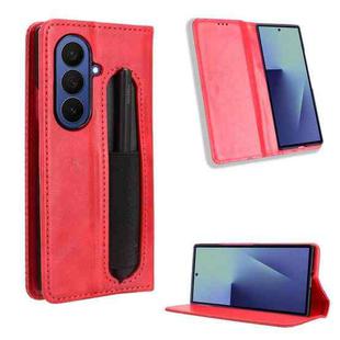 For Samsung Galaxy Z Fold7 with Pen Slot Magnetic Buckle Retro Texture Leather Phone Case(Red)