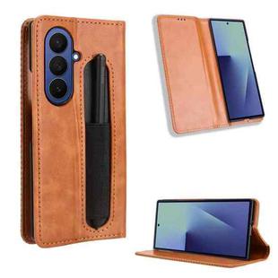 For Samsung Galaxy Z Fold7 with Pen Slot Magnetic Buckle Retro Texture Leather Phone Case(Brown)