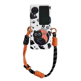 For OPPO Find N3 Flip Painted Black Cat Pattern Side Buckle Phone Case(with Hand Strap)