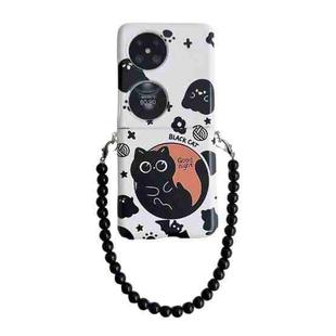 For Huawei P50 Pocket Painted Black Cat Pattern Side Buckle Phone Case(with Bracelet)