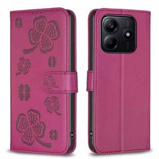 For Redmi Note 14 5G Four-leaf Embossed Leather Phone Case(Rose Red)