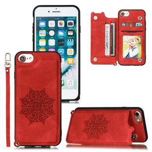 For iPhone 8 & 7 Mandala Embossed PU + TPU Case with Holder & Card Slots & Photo Frame & Hand Strap(Red)