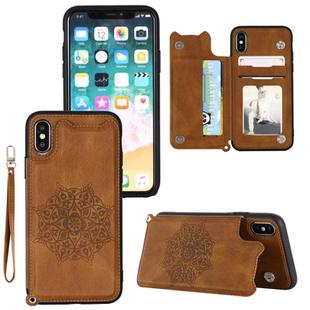 For iPhone XR Mandala Embossed PU + TPU Case with Holder & Card Slots & Photo Frame & Hand Strap(Brown)