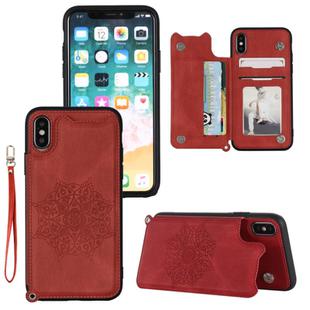 For iPhone XS Max Mandala Embossed PU + TPU Case with Holder & Card Slots & Photo Frame & Hand Strap(Red)