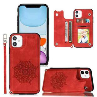For iPhone 11 Mandala Embossed PU + TPU Case with Holder & Card Slots & Photo Frame & Hand Strap(Red)