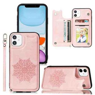 For iPhone 11 Mandala Embossed PU + TPU Case with Holder & Card Slots & Photo Frame & Hand Strap(Rose Gold)