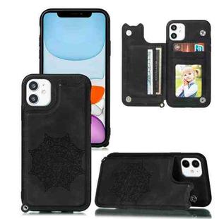 For iPhone 11 Mandala Embossed PU + TPU Case with Holder & Card Slots & Photo Frame & Hand Strap(Black)