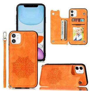For iPhone 11 Mandala Embossed PU + TPU Case with Holder & Card Slots & Photo Frame & Hand Strap(Yellow)