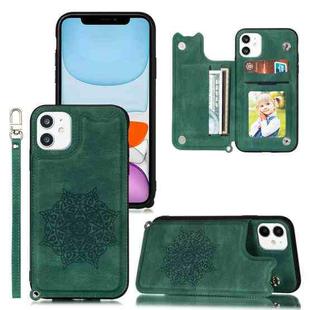 For iPhone 11 Mandala Embossed PU + TPU Case with Holder & Card Slots & Photo Frame & Hand Strap(Green)