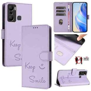 For Infinix Hot 20 Play Smile Embossing RFID Leather Phone Case(Light Purple)