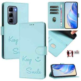 For Infinix Hot 50 Pro+ 4G Smile Embossing RFID Leather Phone Case(Mint Green)