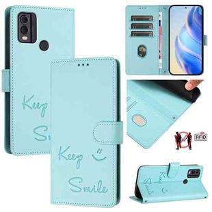 For Nokia C22 Smile Embossing RFID Leather Phone Case(Mint Green)