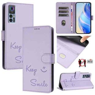 For TCL 30 4G / 30 5G / 30 Plus Smile Embossing RFID Leather Phone Case(Light Purple)